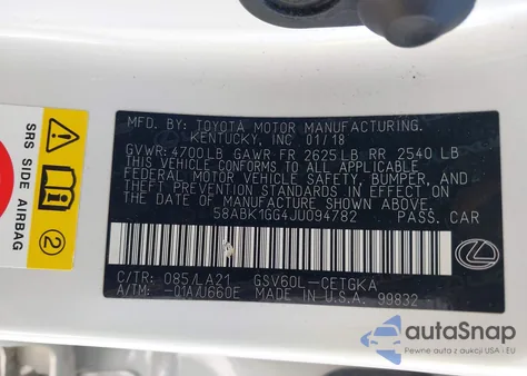 2018 Lexus Es 350 from USA, damaged, VIN 58ABK1GG4JU094782